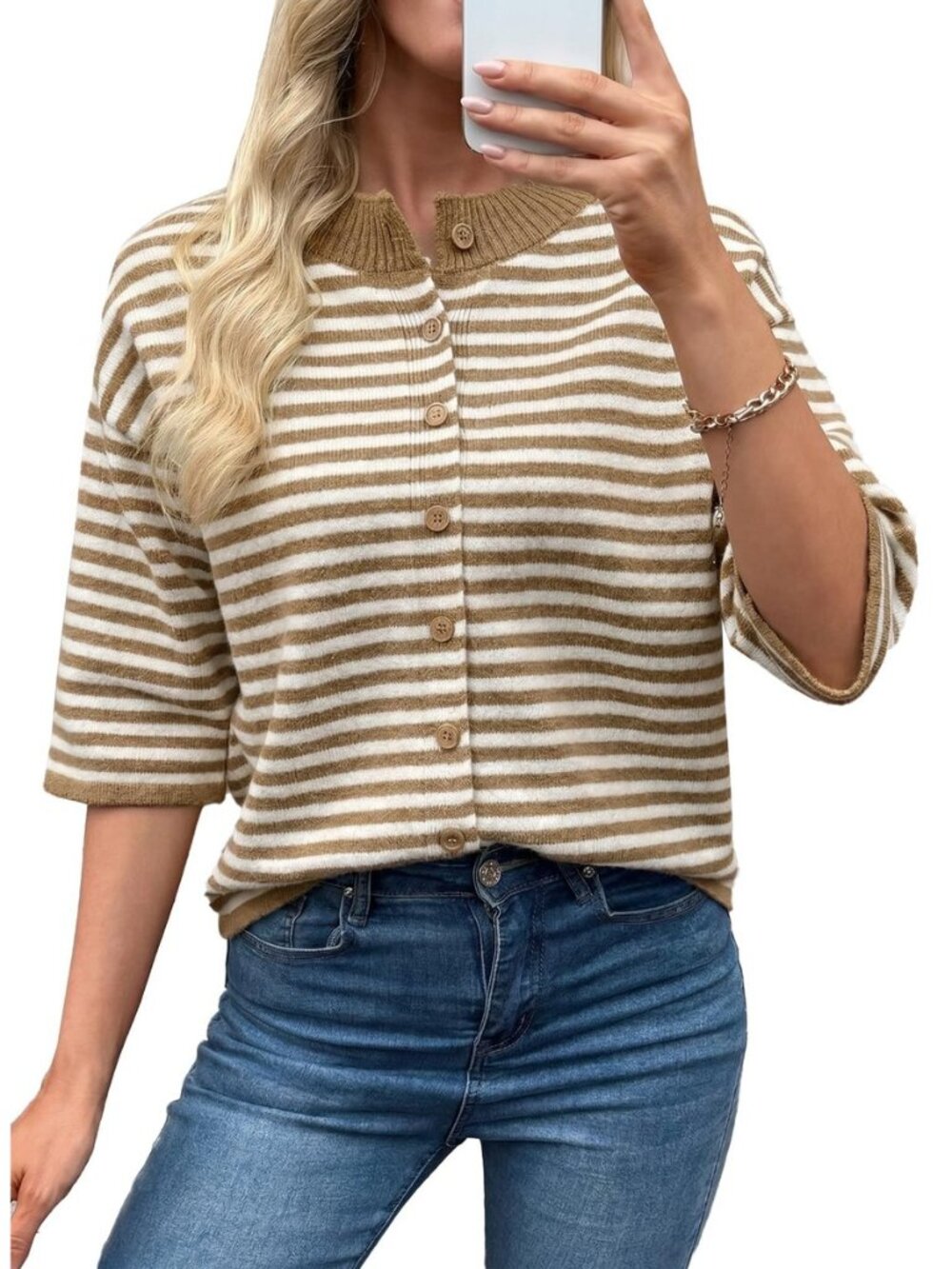 Womens Cardigan 3/4 Sleeve Button Knit Tops